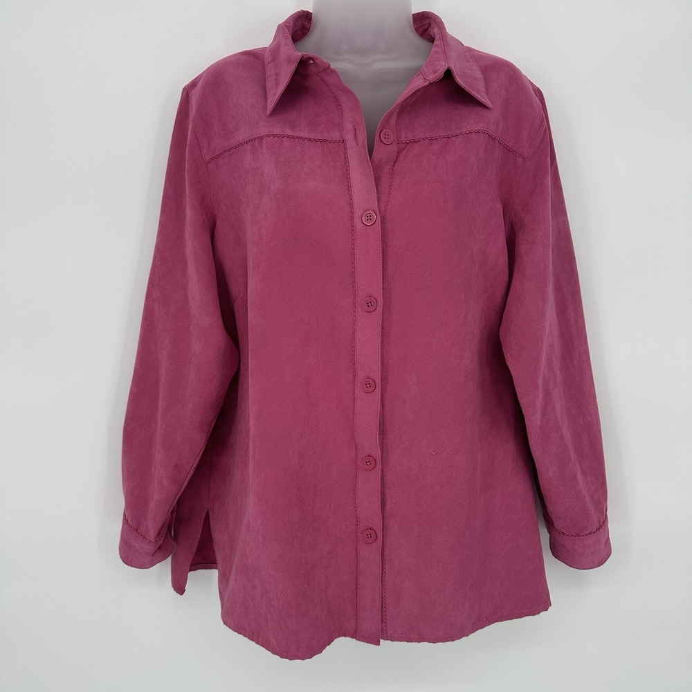Studio Works 1X Button‎ Up Shirt Top Long Sleeve Pink Suede-like Classic Preppy